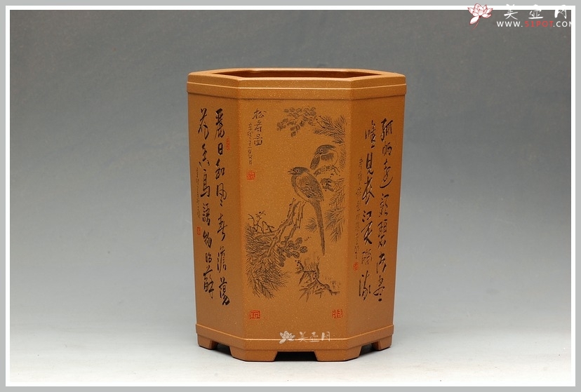 紫砂壶图片：全手工六方笔筒  李彦雄老师精心装饰 大图多细品 - 宜兴紫砂壶网