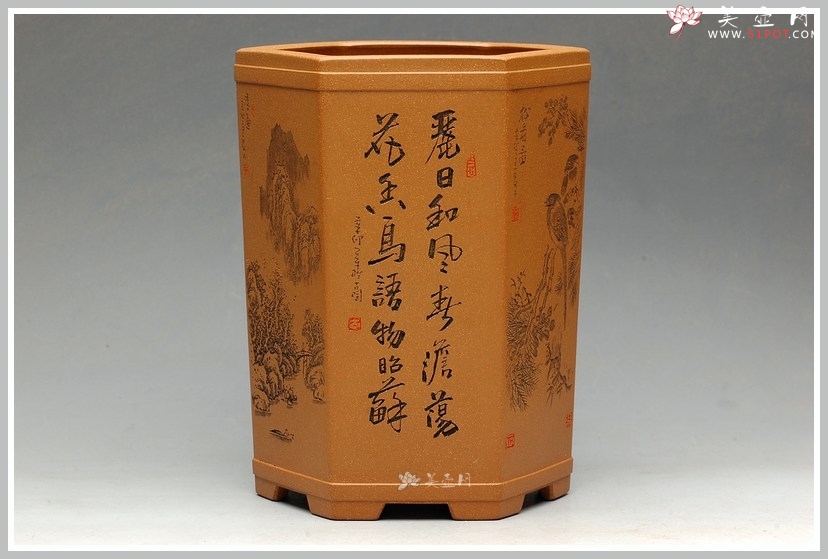 紫砂壶图片：全手工六方笔筒  李彦雄老师精心装饰 大图多细品 - 宜兴紫砂壶网