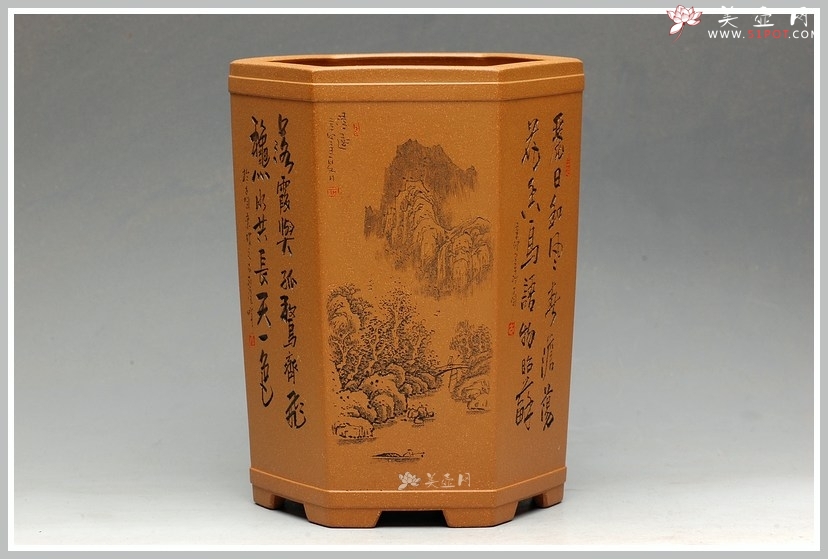 紫砂壶图片：全手工六方笔筒  李彦雄老师精心装饰 大图多细品 - 宜兴紫砂壶网