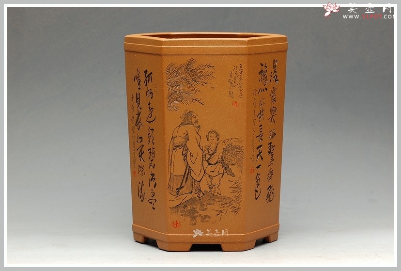 紫砂壶图片：全手工六方笔筒  李彦雄老师精心装饰 大图多细品 - 宜兴紫砂壶网