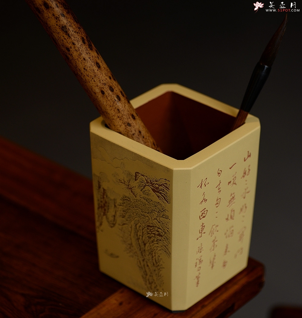 紫砂壶图片：张听刚古体山水笔筒 别有风韵~ 刀法精炼 - 宜兴紫砂壶网