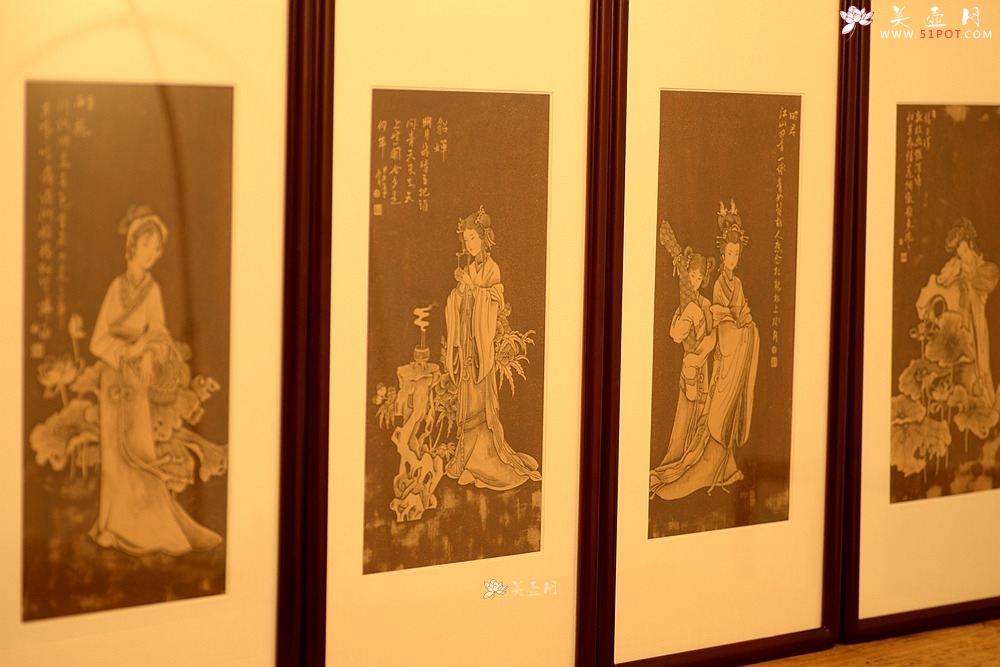 紫砂壶图片：谭华斌精心装饰 四大美女壁画 送礼自珍佳作 - 宜兴紫砂壶网