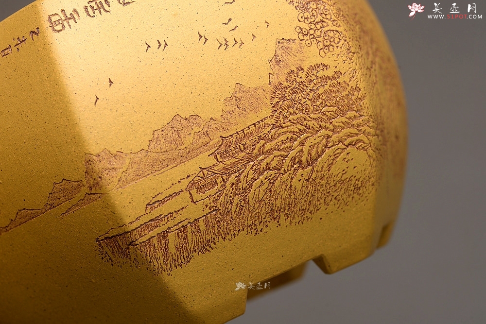 紫砂壶图片：李彦雄精刻山水~全手六方水盂 笔洗  把玩精品 - 宜兴紫砂壶网