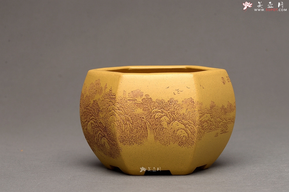 紫砂壶图片：李彦雄精刻山水~全手六方水盂 笔洗  把玩精品 - 宜兴紫砂壶网