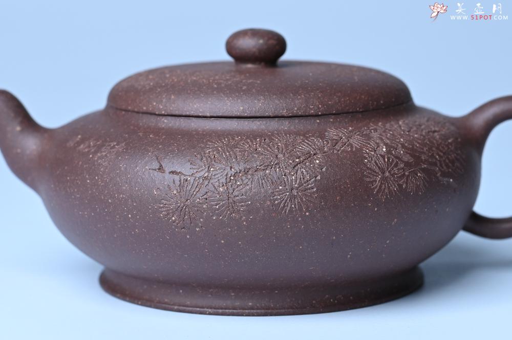 紫砂壶图片：美壶特惠 特好紫泥扁玉壶 装饰不老松 文气十足 - 宜兴紫砂壶网