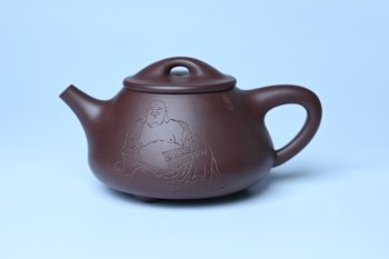 紫砂壶图片：油润底曹青 全手工景舟小石瓢 装饰人物 特文气 - 宜兴紫砂壶网