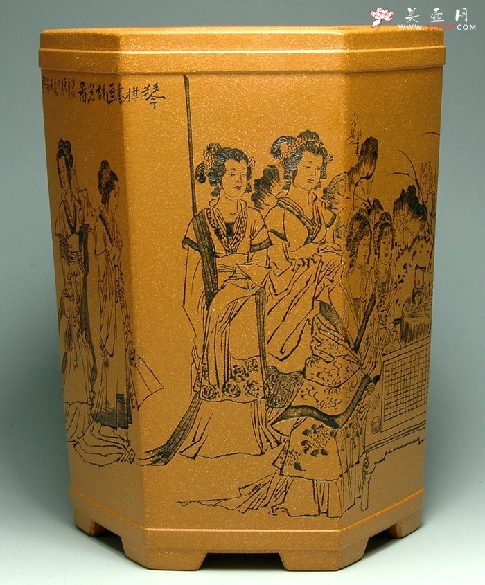 紫砂壶图片：仕女六方笔筒 - 宜兴紫砂壶网