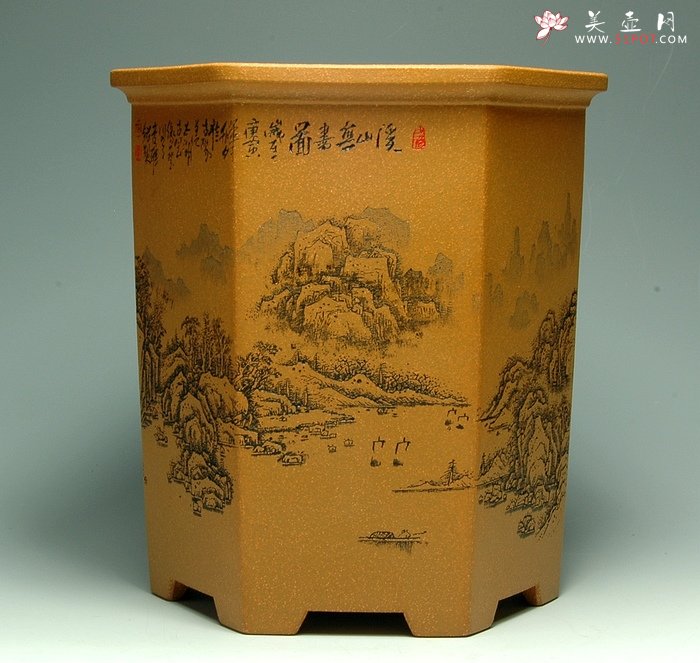 紫砂壶图片：山水六方笔筒 - 宜兴紫砂壶网