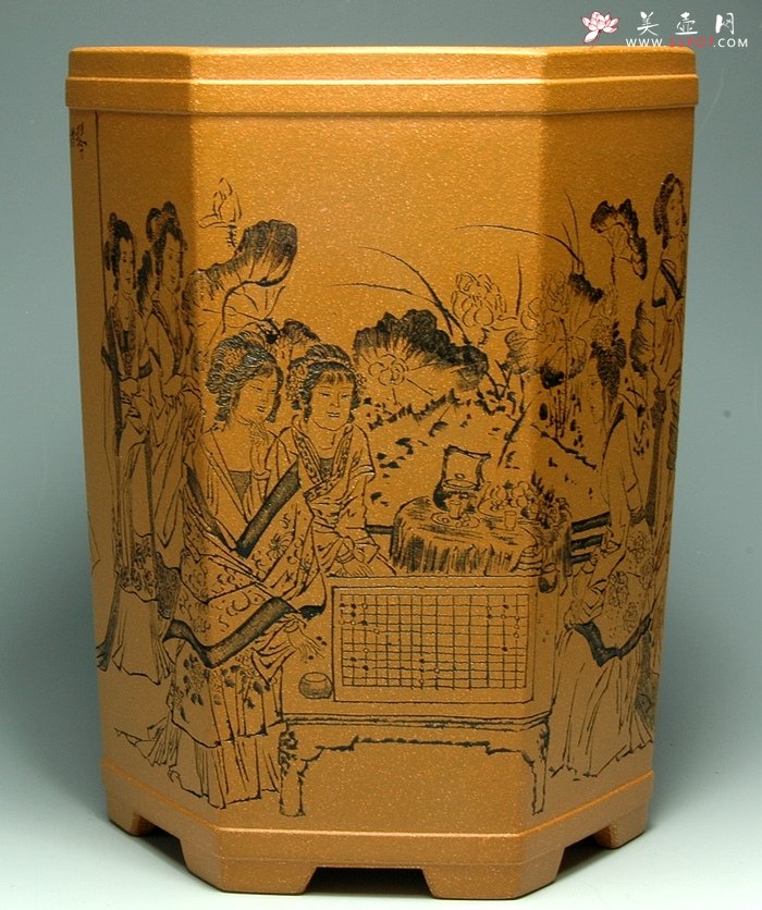 紫砂壶图片：仕女六方笔筒 - 宜兴紫砂壶网