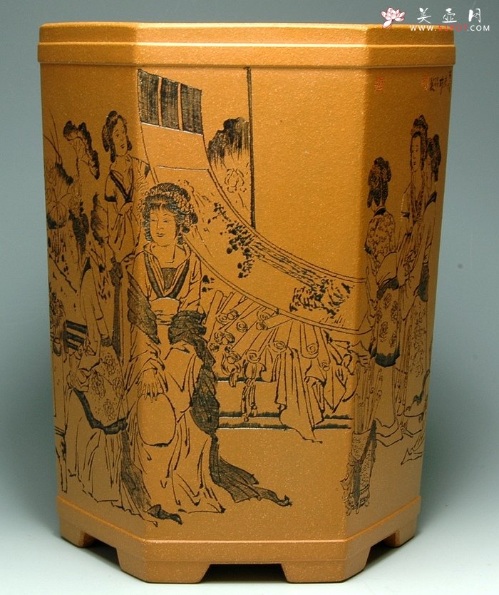 紫砂壶图片：仕女六方笔筒 - 宜兴紫砂壶网