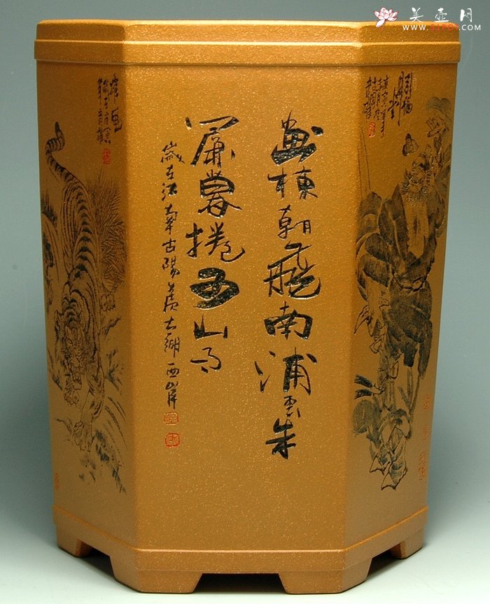 紫砂壶图片：钟馗威虎笔筒 - 宜兴紫砂壶网