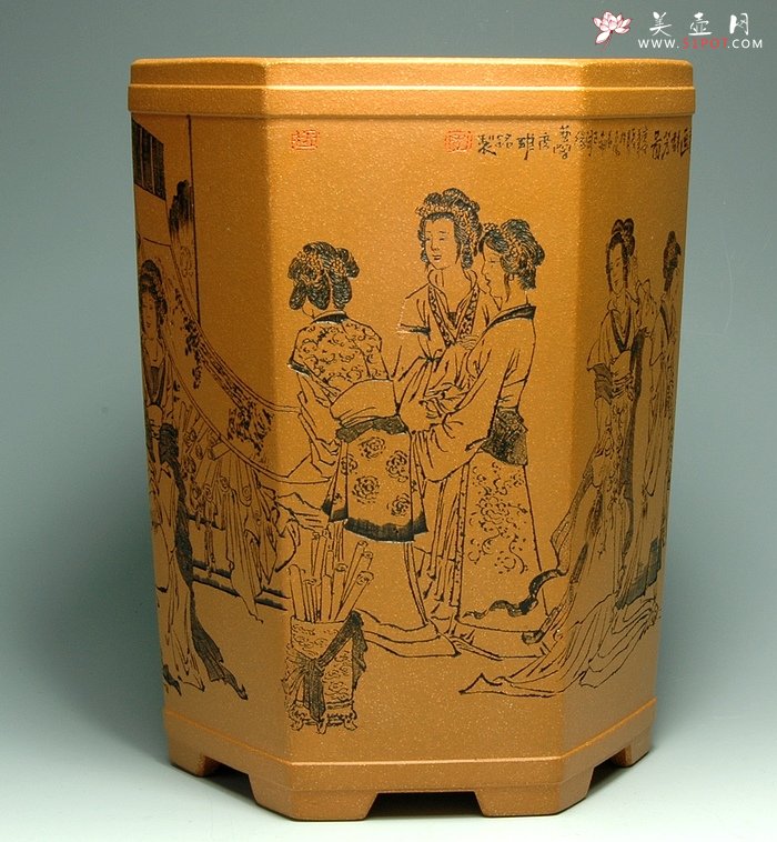 紫砂壶图片：仕女六方笔筒 - 宜兴紫砂壶网