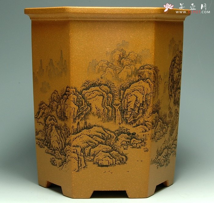 紫砂壶图片：山水六方笔筒 - 宜兴紫砂壶网