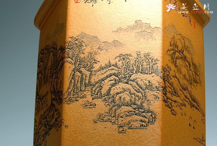 紫砂壶图片：山水六方笔筒 - 宜兴紫砂壶网