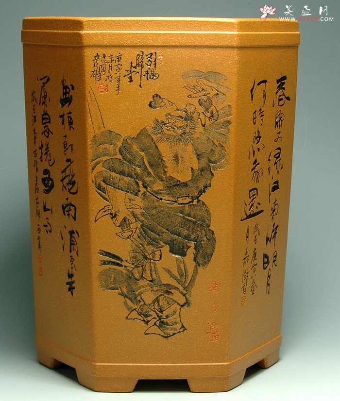 紫砂壶图片：钟馗威虎笔筒 - 宜兴紫砂壶网