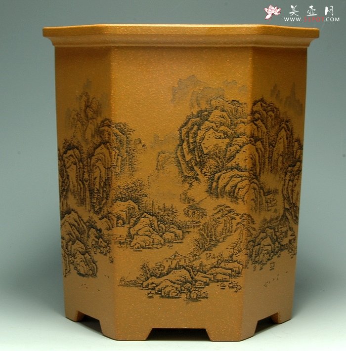 紫砂壶图片：山水六方笔筒 - 宜兴紫砂壶网