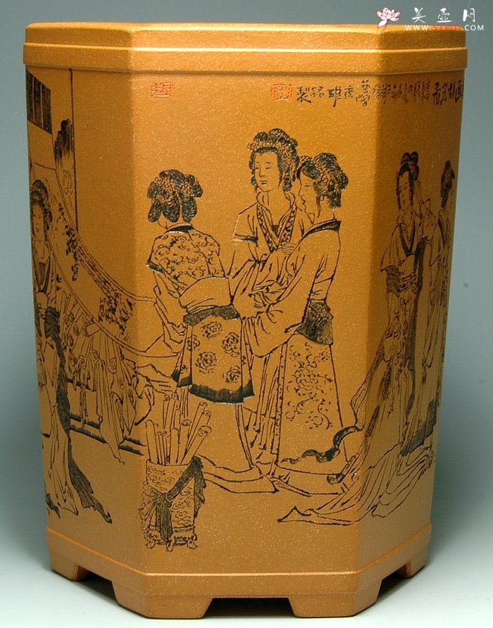 紫砂壶图片：仕女六方笔筒 - 宜兴紫砂壶网