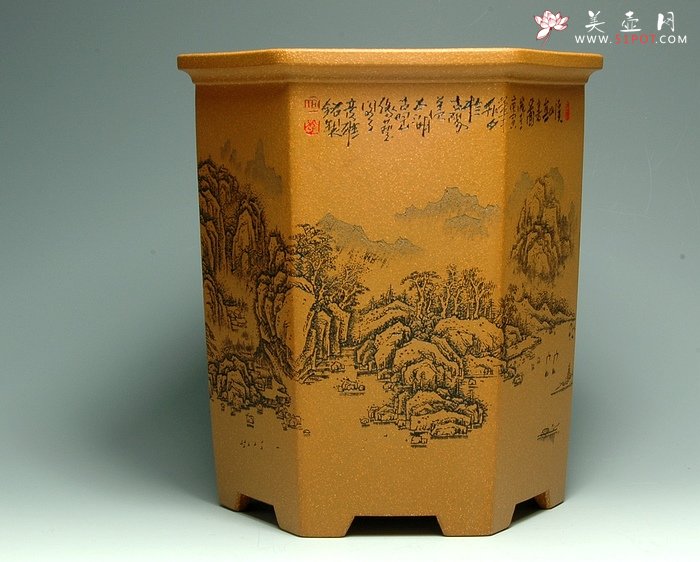 紫砂壶图片：山水六方笔筒 - 宜兴紫砂壶网