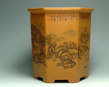 紫砂壶图片：山水六方笔筒 - 宜兴紫砂壶网