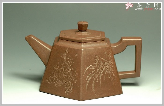 紫砂壶图片：全手紫泥高六方 - 宜兴紫砂壶网