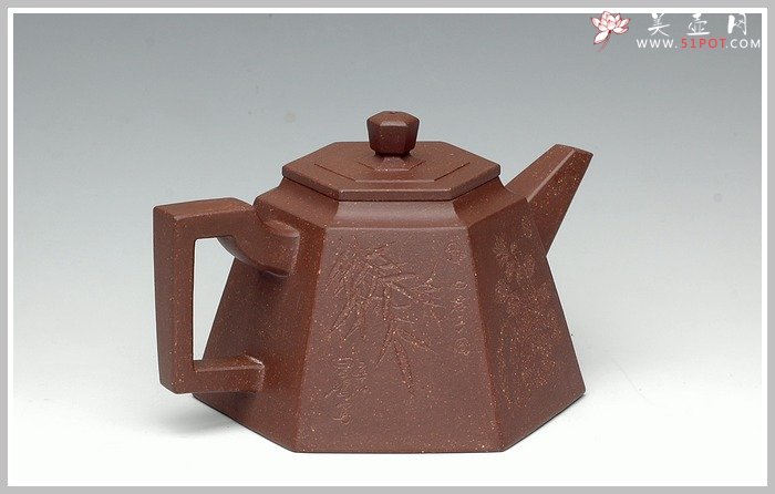 紫砂壶图片：全手紫泥高六方 - 宜兴紫砂壶网