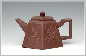 紫砂壶图片：全手紫泥高六方 - 宜兴紫砂壶网