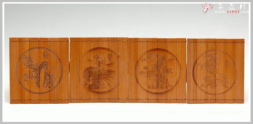 紫砂壶图片：竹雕梅兰竹菊杯垫 - 宜兴紫砂壶网