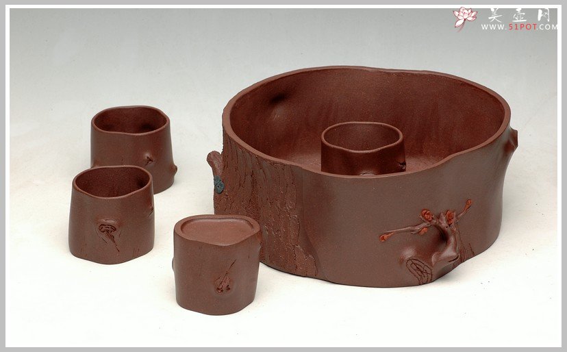 紫砂壶图片：全手松梅水洗杯子套组 - 宜兴紫砂壶网