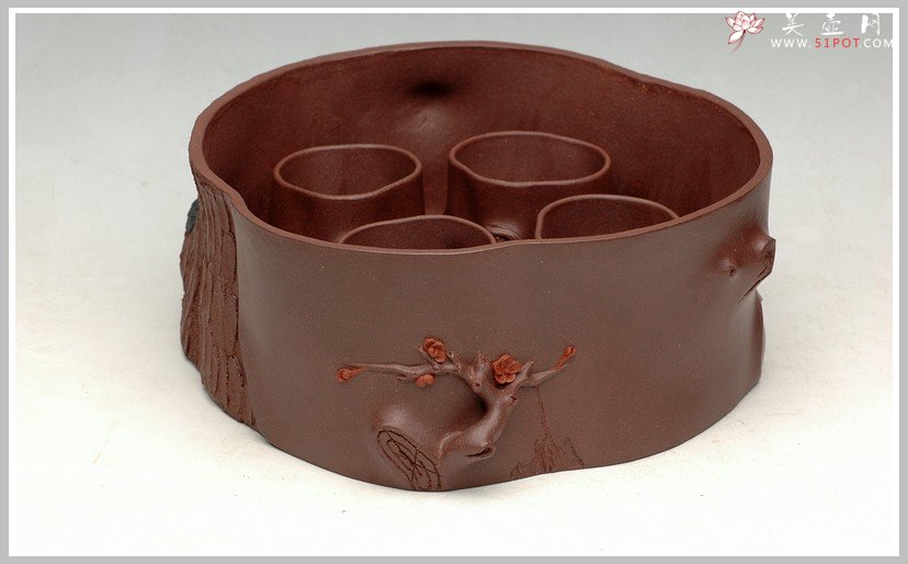 紫砂壶图片：全手松梅水洗杯子套组 - 宜兴紫砂壶网