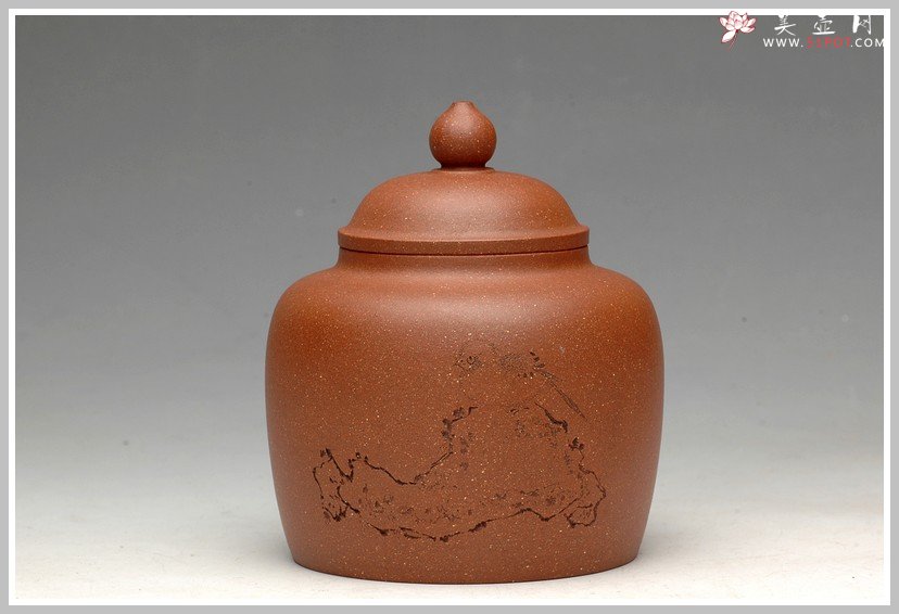 紫砂壶图片：清雅刻鸟茶叶罐 精致 可人 - 宜兴紫砂壶网