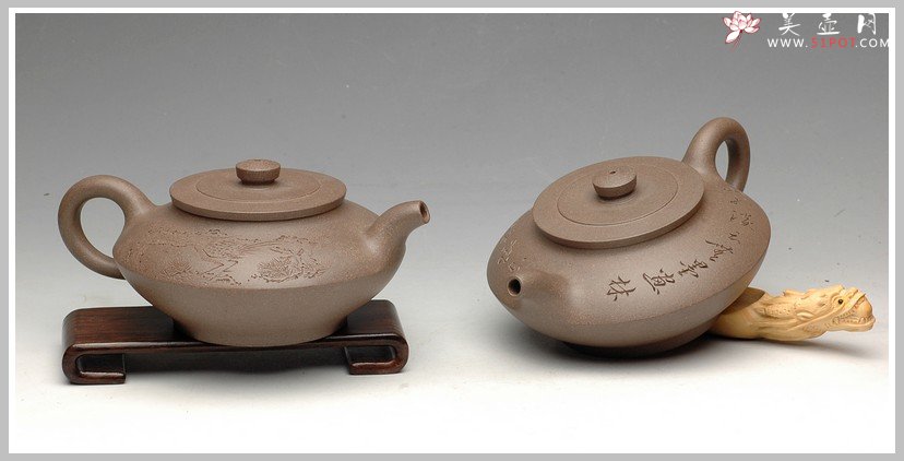 紫砂壶图片：和石双刀刻绘 合璧 - 宜兴紫砂壶网