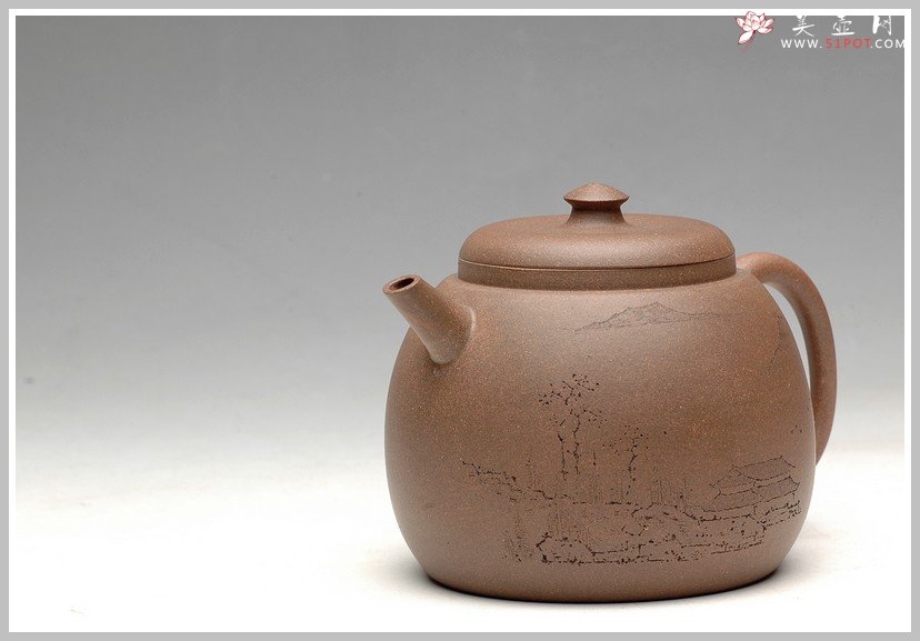 紫砂壶图片：经典 拙味 全手浅刻山水龙蛋 - 宜兴紫砂壶网