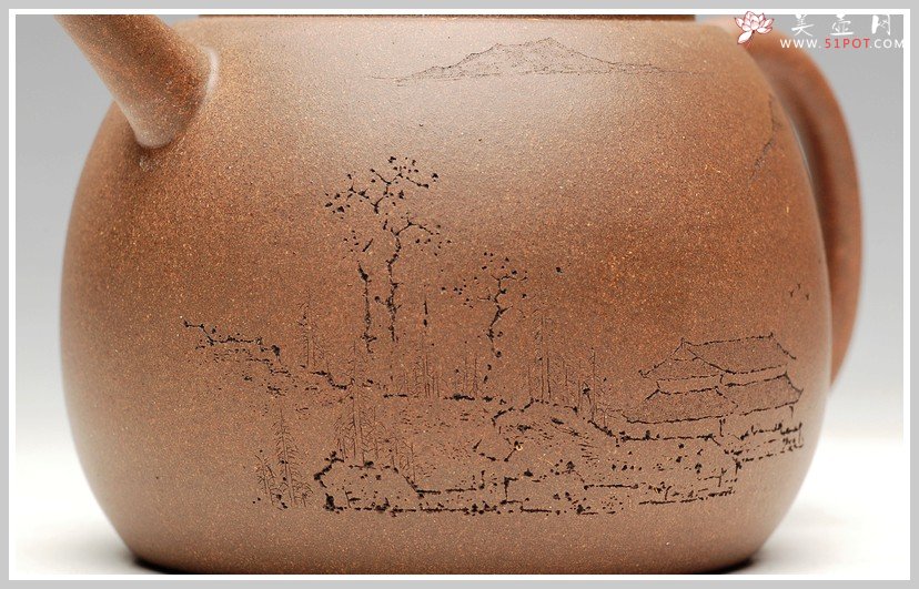 紫砂壶图片：经典 拙味 全手浅刻山水龙蛋 - 宜兴紫砂壶网