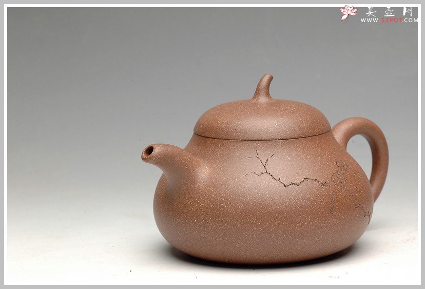 紫砂壶图片：文雅秀丽 全手刻鸟茄段 - 宜兴紫砂壶网