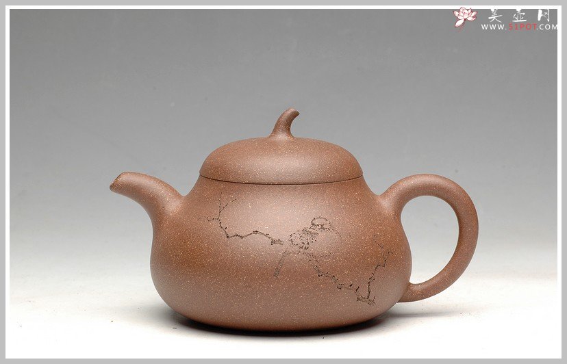 紫砂壶图片：文雅秀丽 全手刻鸟茄段 - 宜兴紫砂壶网