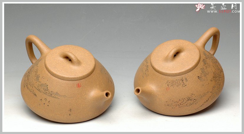 紫砂壶图片：强强联合 李彦雄通景山水 全手子冶石瓢 - 宜兴紫砂壶网