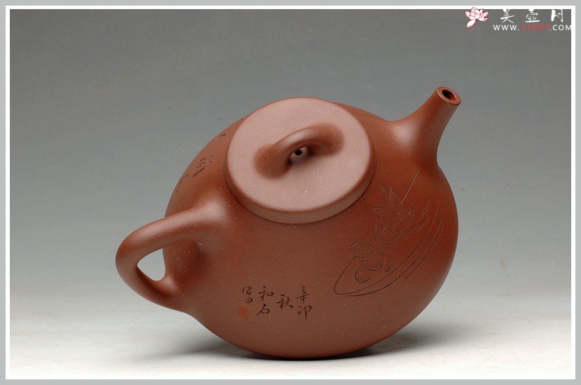 紫砂壶图片：国助和石刻绘 摹潘天寿兰花 顾云峰全手子冶石瓢 - 宜兴紫砂壶网