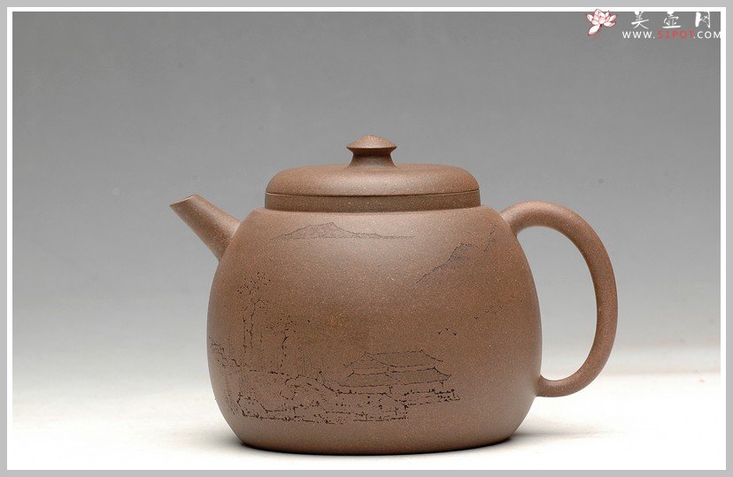 紫砂壶图片：经典 拙味 全手浅刻山水龙蛋 - 宜兴紫砂壶网