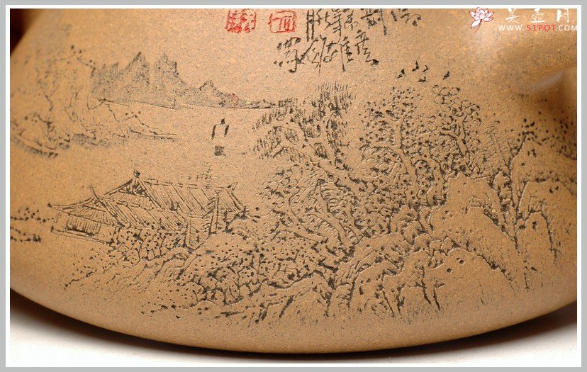 紫砂壶图片：强强联合 李彦雄通景山水 全手子冶石瓢 - 宜兴紫砂壶网