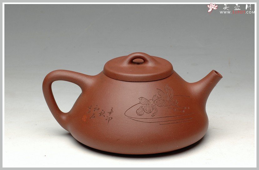 紫砂壶图片：国助和石刻绘 摹潘天寿兰花 顾云峰全手子冶石瓢 - 宜兴紫砂壶网