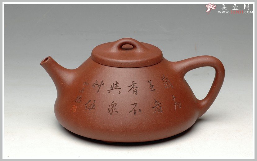 紫砂壶图片：国助和石刻绘 摹潘天寿兰花 顾云峰全手子冶石瓢 - 宜兴紫砂壶网