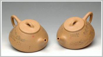 紫砂壶图片：强强联合 李彦雄通景山水 全手子冶石瓢 - 宜兴紫砂壶网