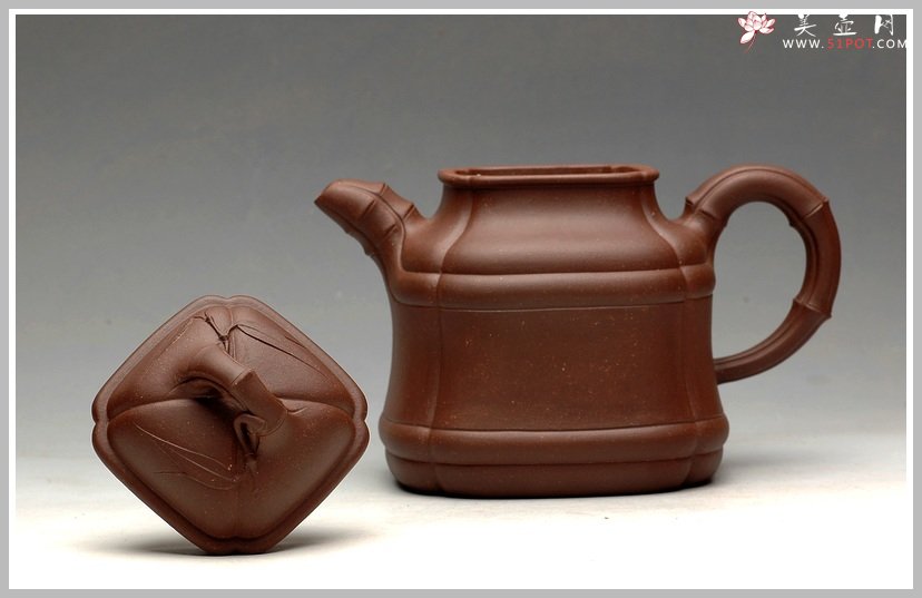 紫砂壶图片：融合方器、花货、筋囊融为一体  四方竹段 - 宜兴紫砂壶网