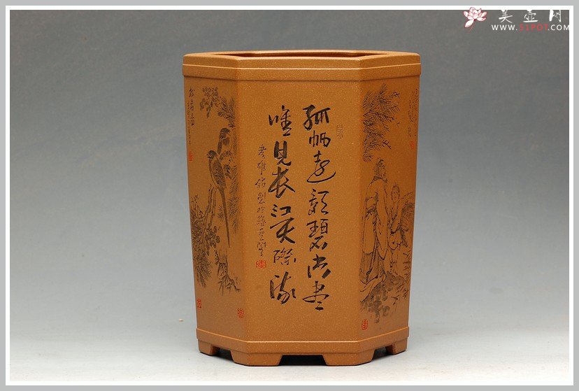 紫砂壶图片：全手工六方笔筒  李彦雄老师精心装饰 大图多细品 - 宜兴紫砂壶网