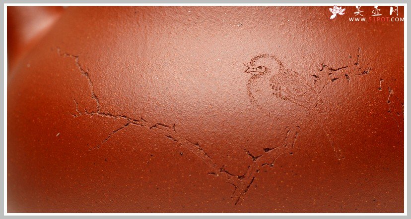 紫砂壶图片：辛卯年力作  枯枝鸟 全手玉成窑石匏 - 宜兴紫砂壶网