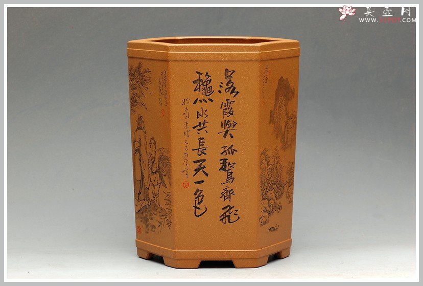 紫砂壶图片：全手工六方笔筒  李彦雄老师精心装饰 大图多细品 - 宜兴紫砂壶网