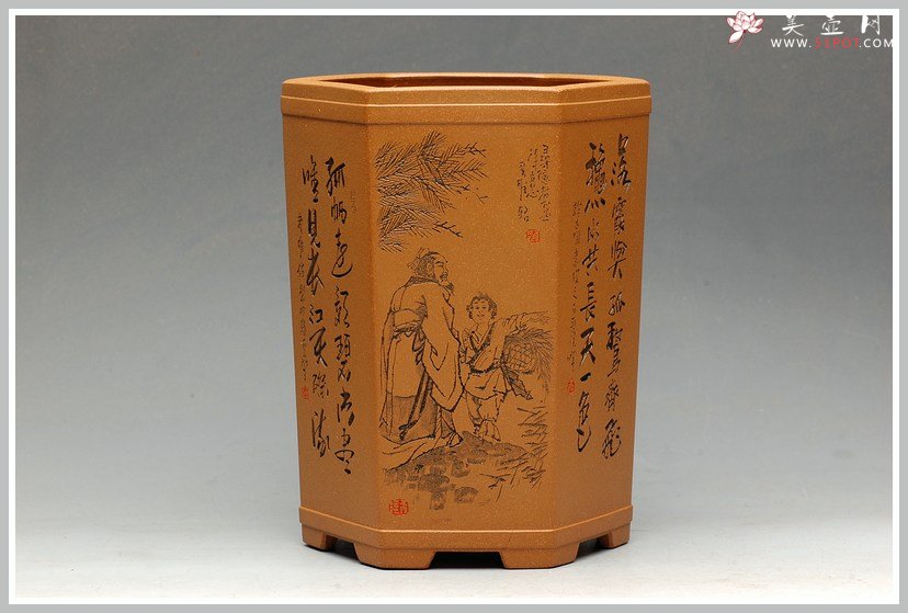 紫砂壶图片：全手工六方笔筒  李彦雄老师精心装饰 大图多细品 - 宜兴紫砂壶网