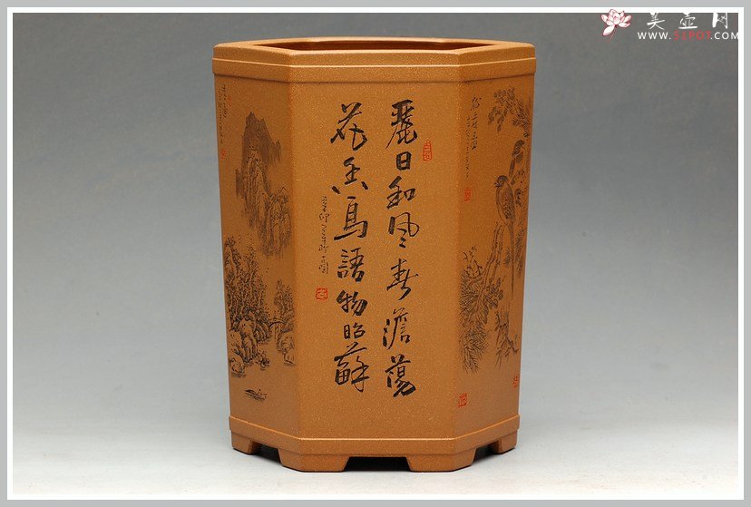 紫砂壶图片：全手工六方笔筒  李彦雄老师精心装饰 大图多细品 - 宜兴紫砂壶网