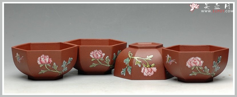 紫砂壶图片：牡丹蝴蝶 点彩 六方品茗杯 - 宜兴紫砂壶网