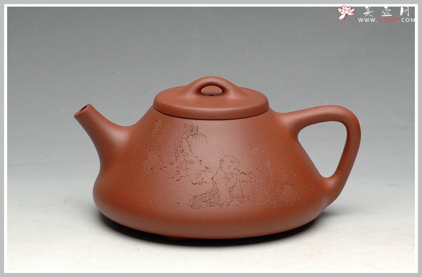 紫砂壶图片：国助和石摹范曾童趣画  顾云峰全手子冶石瓢 - 宜兴紫砂壶网